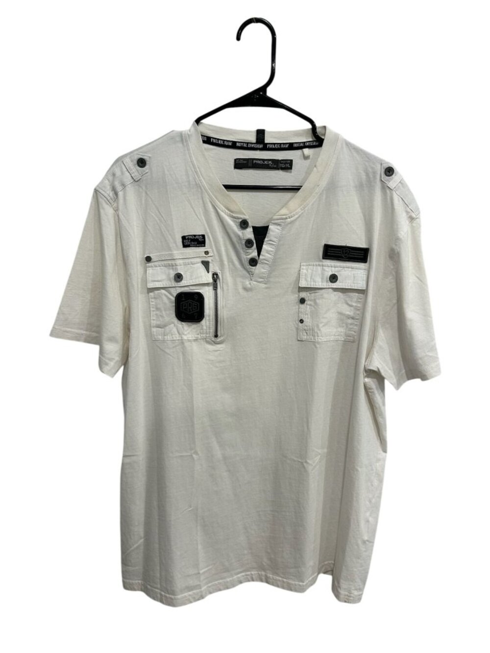 Projek Raw XL White Henley T-Shirt Button Details Pockets Aesthetic Minimalist